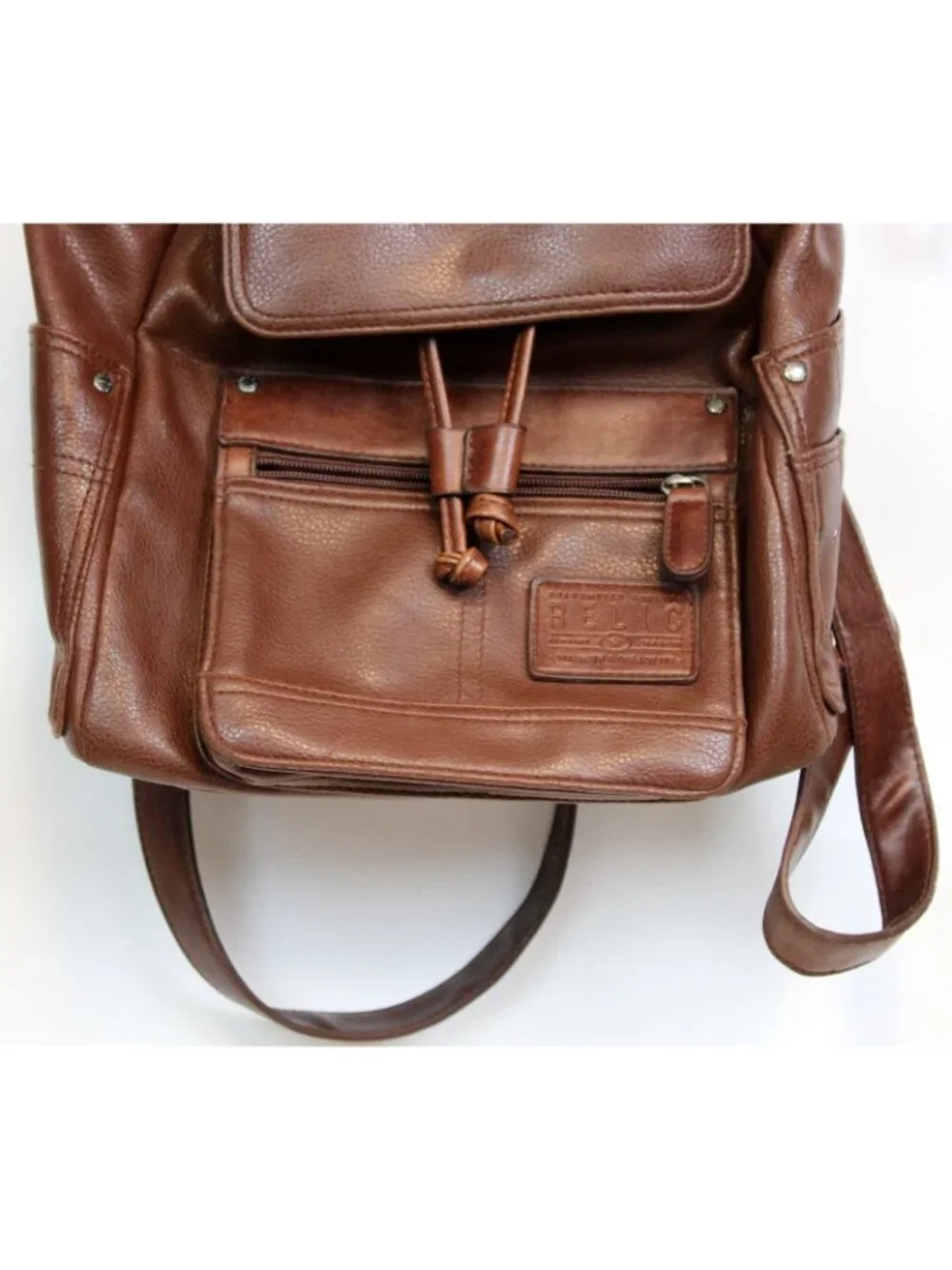 Relic Brown Leather Mini Backpack Drawstring Adjustable Straps Lined Flap Pocke